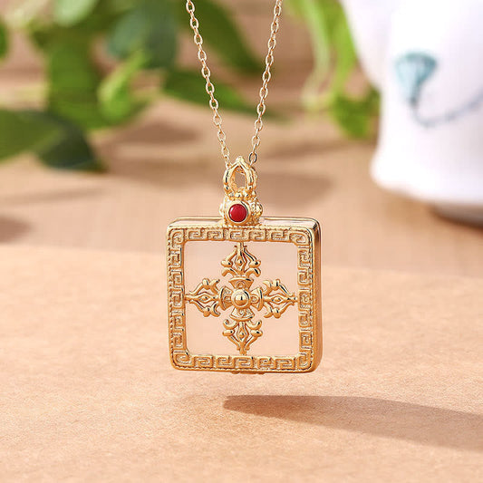 Jade 24K Gold Plated White Jade Double Dorje Protection Luck Necklace Pendant