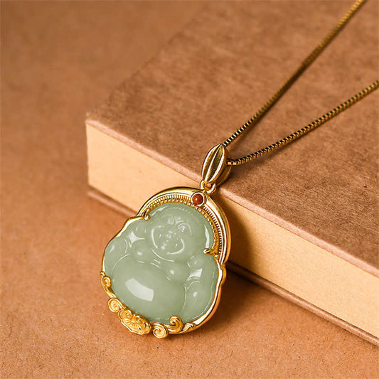 Buddha Energy Necklace 925 Sterling Silver Laughing Buddha Natural Hetian Jade Luck Prosperity Necklace Pendant
