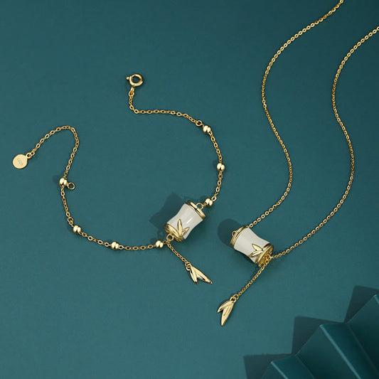 Jade 925 Sterling Silver 22K Gold Hetian White Jade Bamboo Leaf Luck Necklace Pendant Bracelet