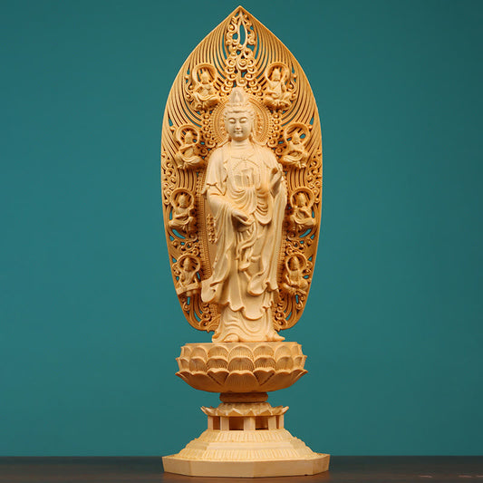 Spirituality Handcrafted Kwan Yin Avalokitesvara Tathagata Mahasthamaprapta Bodhisattva Statue Boxwood Abundance Decoration