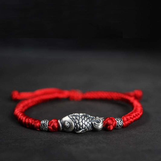 Ancient Tibetan Buddhist Red String Tradition Silver Luck Koi Fish Braided String Bracelet