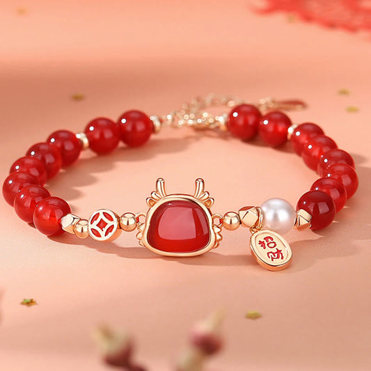 Jade 925 Sterling Silver Year of the Dragon Natural Red Agate Hetian Jade Attract Fortune Success Bracelet
