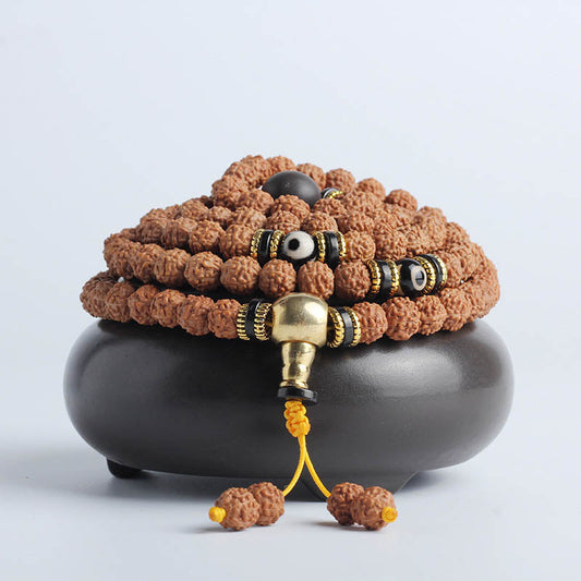 Spirituality Buddha Karma 108 Mala Beads Rudraksha Bodhi Seed Dzi Bead Luck Wealth Bracelet