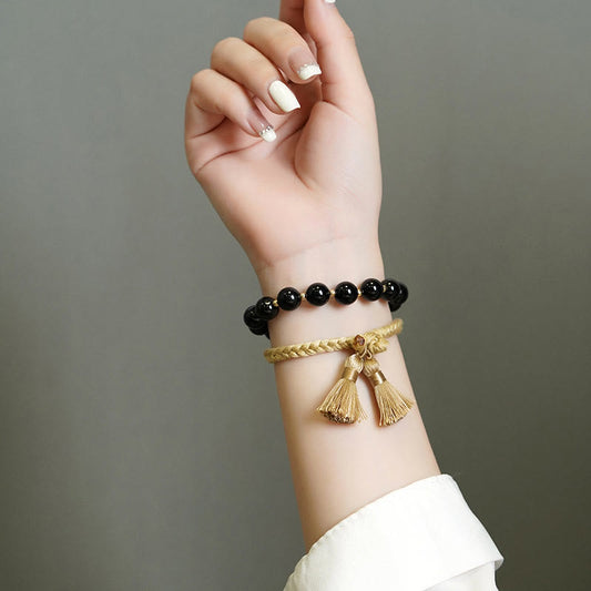 Ancient Tibetan Buddhist Red String Tradition 2Pcs Black Onyx Bead Support Protection String Bracelet