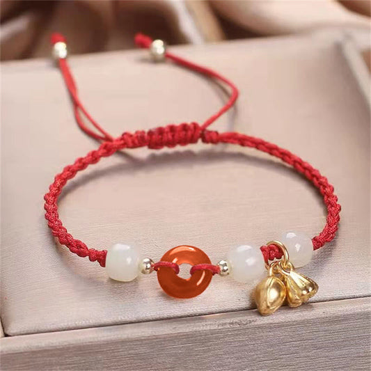Ancient Tibetan Buddhist Red String Tradition Red Agate Peace Buckle Jade Lotus Healing Braided Bracelet