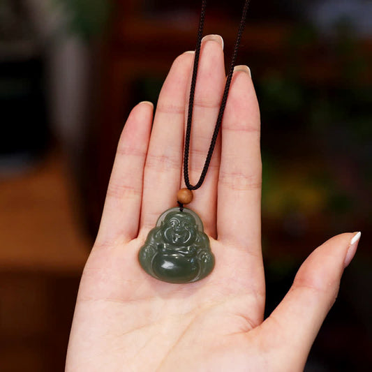 Buddha Energy Necklace Laughing Buddha Hetian Jade Healing Calm Necklace String Pendant