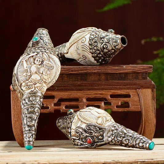Spirituality Tibetan Handmade Engraved Shankha Buddha Conch Shell Wealth Positive Decoration