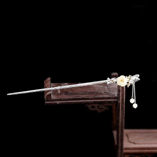 Jade 925 Sterling Silver Hetian White Jade Flower Blessing Hairpin