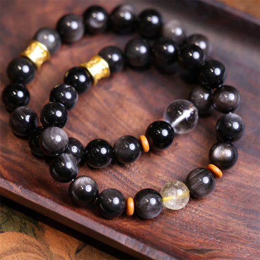 Spirituality Buddha Karma Natural Silver Sheen Obsidian Crystal Om Mani Padme Hum Bead Protection Bracelet