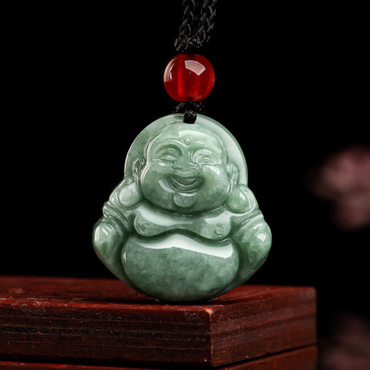 Jade Natural Green Jade Laughing Buddha Luck Abundance Necklace Pendant