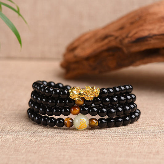 Spirituality Buddha Karma Chinese Zodiac Obsidian PiXiu Protection Mala Bracelet