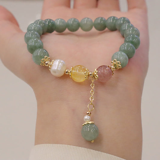 Jade Jade Pearl Strawberry Quartz Abundance Luck Bead Charm Bracelet