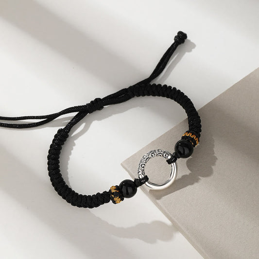 Ancient Tibetan Buddhist Red String Tradition 925 Sterling Silver Peace Buckle Auspicious Clouds Fortune Braided Bracelet