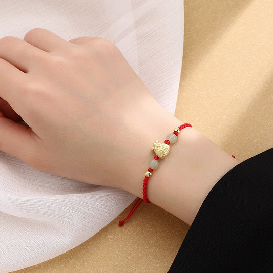 Ancient Tibetan Buddhist Red String Tradition Lucky Money Bag Fu Character Jade Bead Luck Braided Bracelet