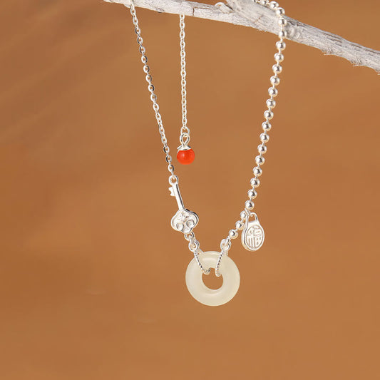 Jade 925 Sterling Silver Hetian Jade Peace Buckle Fu Character Luck Chain Bracelet