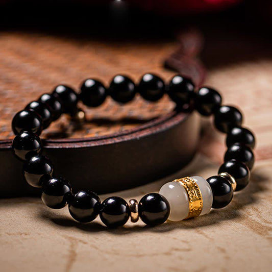 Spirituality Buddha Karma Black Obsidian Jade Om Mani Padme Hum Strength Couple Magnetic Bracelet
