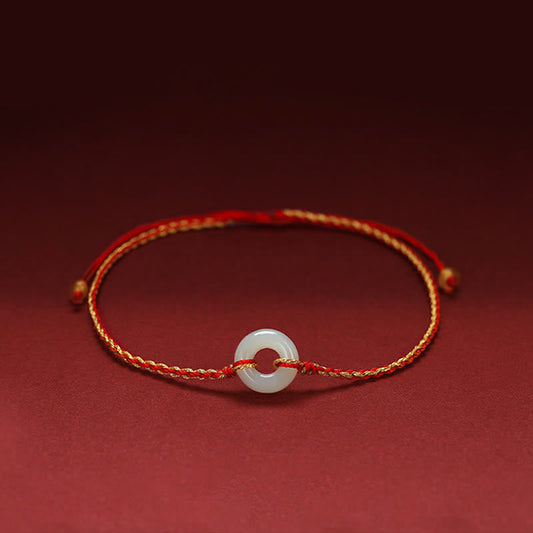 Ancient Tibetan Buddhist Red String Tradition Round Peace Buckle Jade Luck Abundance Braided Bracelet Anklet