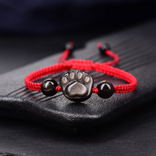 Ancient Tibetan Buddhist Red String Tradition Natural Silver Sheen Obsidian Gold Sheen Obsidian Cute Cat Paw Claw Protection Rope Bracelet