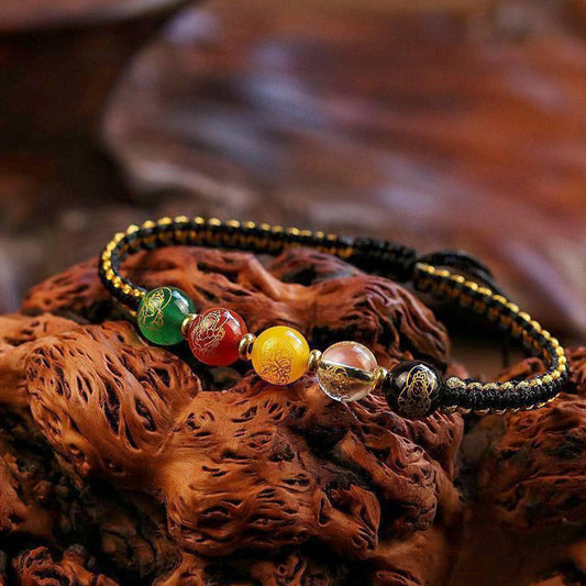 Ancient Tibetan Buddhist Red String Tradition Five Directions Gods of Wealth Agate Handmade Protection String Braid Bracelet