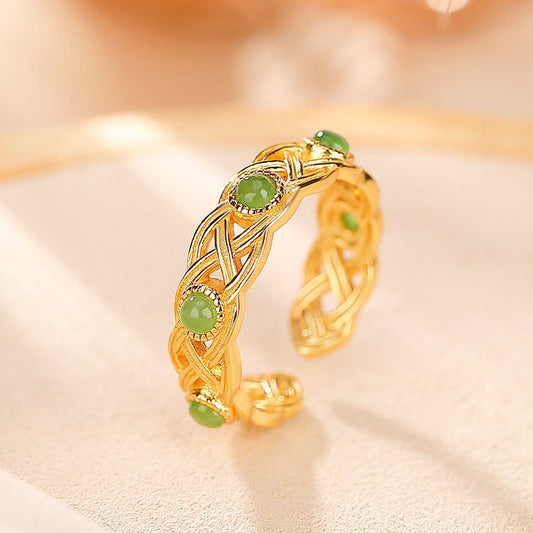 Jade 925 Sterling Silver Plated Gold Cyan Jade Braided Design Success Luck Adjustable Ring