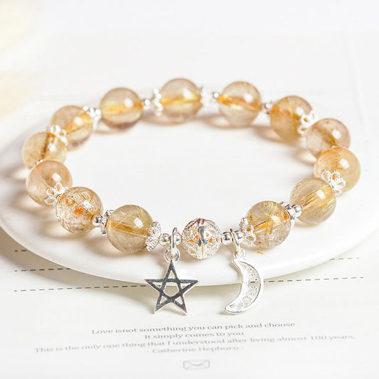Golden Energy Citrine 925 Sterling Silver Natural Wealth Solar Plexus Chakra (Third Chakra) Happiness Moon Star Charm Bracelet