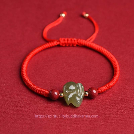 Year of the Rabbit Hetian Jade Bunny Cinnabar Beaded Abundance String Bracelet