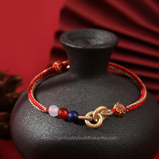Ancient Tibetan Buddhist Red String Tradition 925 Sterling Silver Double Peace Buckle Lotus Auspicious Bracelet