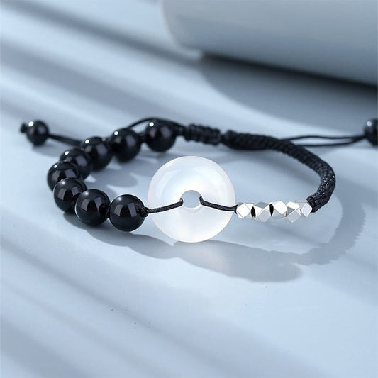 Spirituality Buddha Karma 925 Sterling Silver Black Obsidian Agate Peace Buckle Strength Bracelet