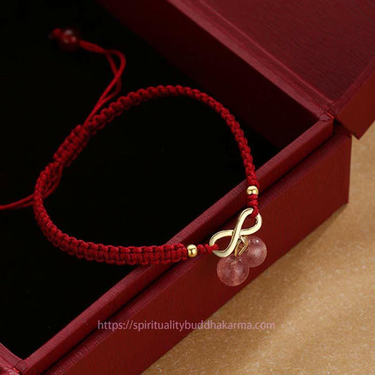 Ancient Tibetan Buddhist Red String Tradition Strawberry Quartz Crystal Endless Knot Love Healing Red String Weave Bracelet
