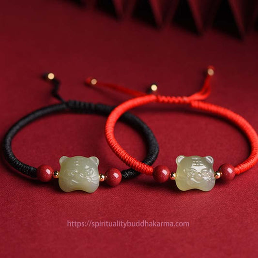 Ancient Tibetan Buddhist Red String Tradition Jade Cinnabar Lucky Tiger String Bracelet