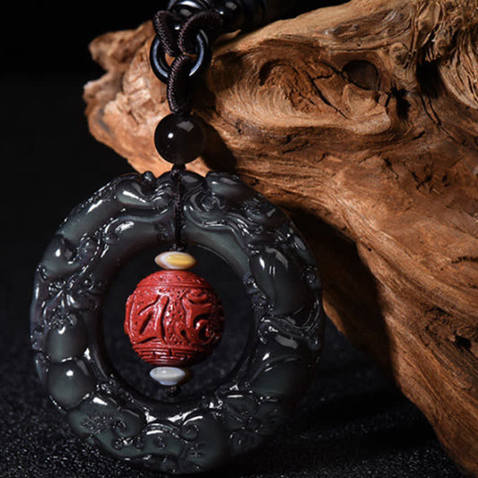 Spirituality Buddha Karma FengShui Natural Rainbow Obsidian PiXiu Cinnabar Healing Necklace Pendant