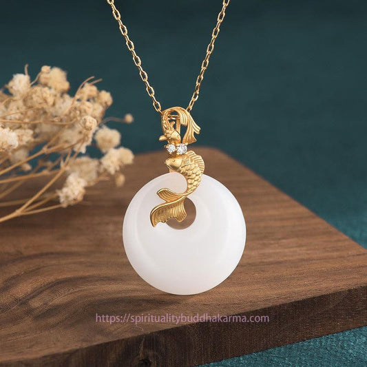 Jade White Jade Koi Fish Wealth Prosperity Necklace Pendant