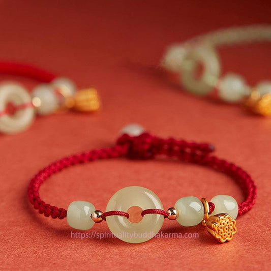 Jade Round Peace Buckle Jade Lotus Happiness Abundance Wealth String Bracelet