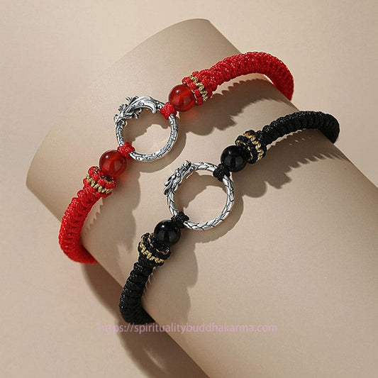 Ancient Tibetan Buddhist Red String Tradition Handmade 925 Sterling Silver Year of the Dragon Phoenix Peace Buckle Luck Couple Bracelet