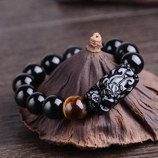 Strength And Protection Natural Black Obsidian PiXiu Tiger's Eye Bracelet