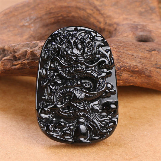 Spirituality Buddha Karma Black Obsidian Dragon Carved Luck Protection Necklace Pendant
