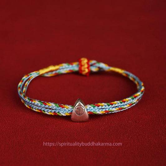Tibetan Knot Protection 925 Sterling Silver Fu Character Luck Multicolored Rope Bracelet
