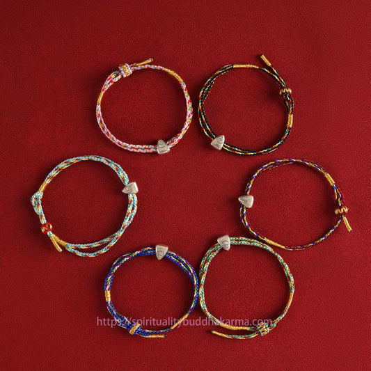 Tibetan Knot Protection 925 Sterling Silver Fu Character Luck Multicolored Rope Bracelet