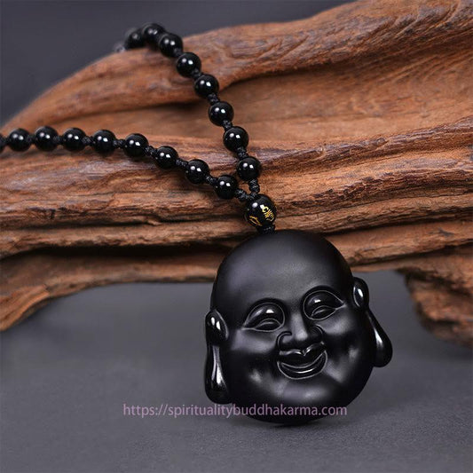 Spirituality Natural Black Obsidian Laughing Buddha Purification Necklace Pendant