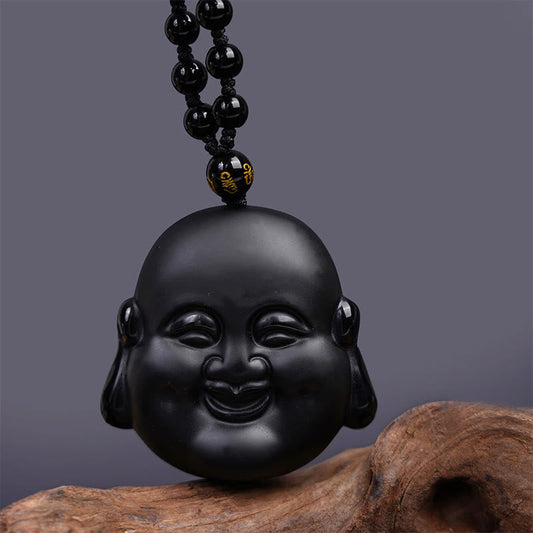 Spirituality Buddha Karma Natural Black Obsidian Laughing Buddha Purification Necklace Pendant