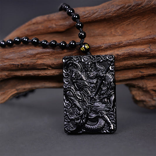 Spirituality Buddha Karma Black Obsidian Guan Gong Amulet Engraved Strength Necklace Pendant