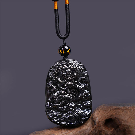 Spirituality Buddha Karma Black Obsidian Dragon Carved Luck Protection Necklace Pendant