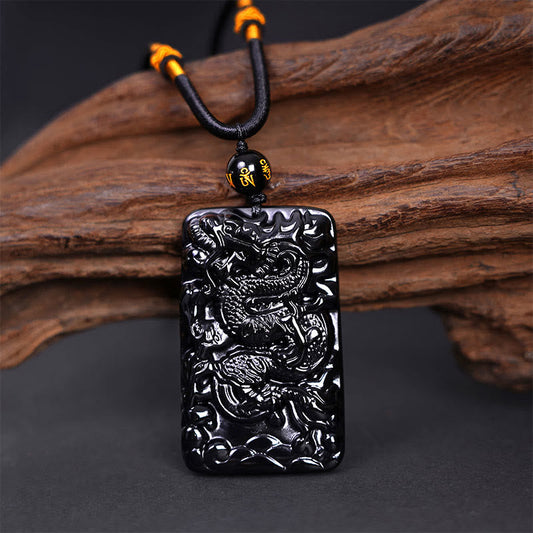 Spirituality Buddha Karma Natural Black Obsidian Rectangular Dragon Engraved Success Necklace Pendant