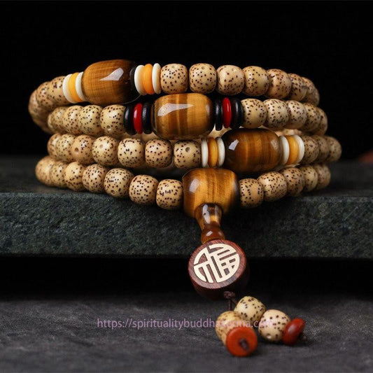 Spirituality Buddha Karma 108 Mala Beads Bodhi Seed Tiger's Eye Fu Character Peace Bracelet