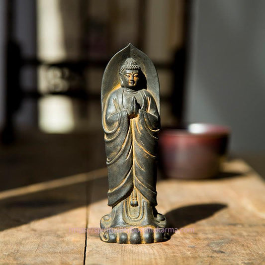 Spirituality Handmade Sakyamuni Buddha Namaste Iron Powder Rust Cast Resin Statue Decoration