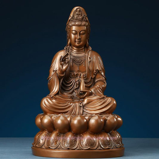 Spirituality Kwan Yin Avalokitesvara Lotus Wealth Copper Statue Home Desk Decoration