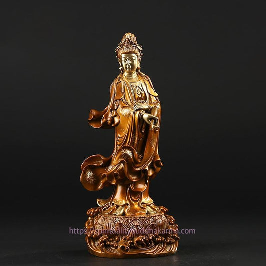 Spirituality Kwan Yin Avalokitesvara Holding A Vase Brass Harmony Copper Statue Home Decoration