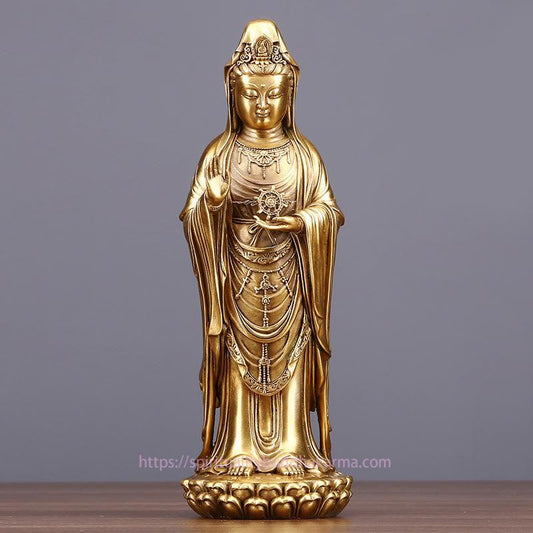 Spirituality Kwan Yin Avalokitesvara Holding The Dharma Wheel Wealth Brass Copper Statue Decoration