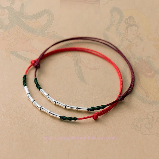 Tibetan Knot Protection 925 Sterling Silver Bamboo Design Luck Braided Ultra-Thin Rope Bracelet