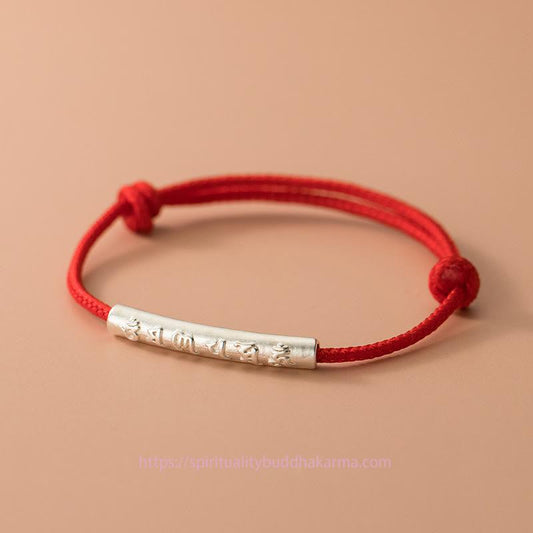 Tibetan Knot Protection Handmade 999 Sterling Silver Om Mani Padme Hum Strength Red Rope Bracelet